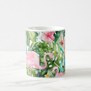 PixDezines Roze Flamingo's+Tropisch Loof Koffiemok