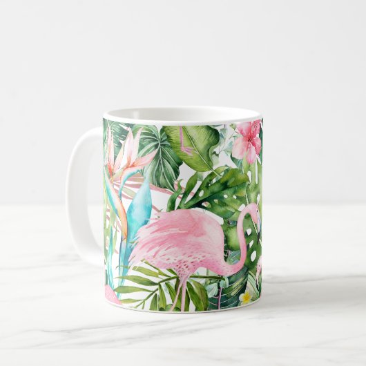 PixDezines Roze flamingos+Tropische afbraak Koffiemok (Voorkant links)