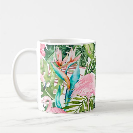 PixDezines Roze flamingos+Tropische afbraak Koffiemok (Links)