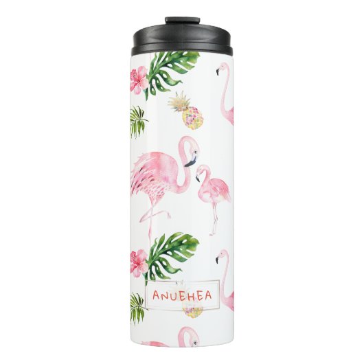 PixDezines Roze flamingos+Tropische afbraak Thermosbeker (Voorkant)