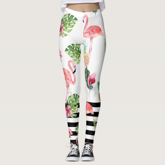 PixDezines roze flamingos+verstelbare zwarte strep Leggings (Voorkant)