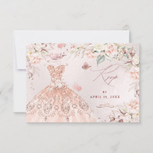 PixDezines Roze Gouden Glitterjurk Sweet 16 RSVP Kaart