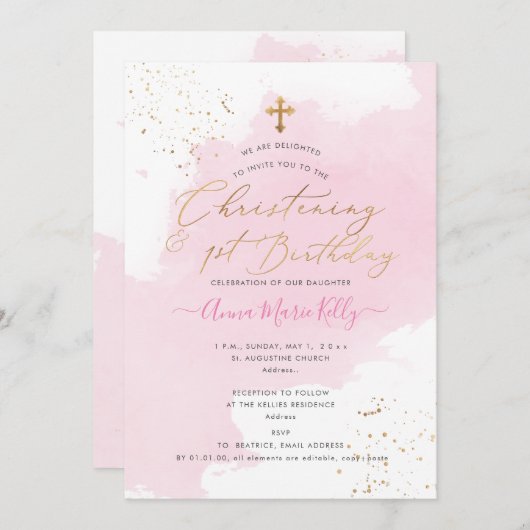 PixDezines Roze H2 Christening+1st Birthday Kaart (Voorkant / Achterkant)