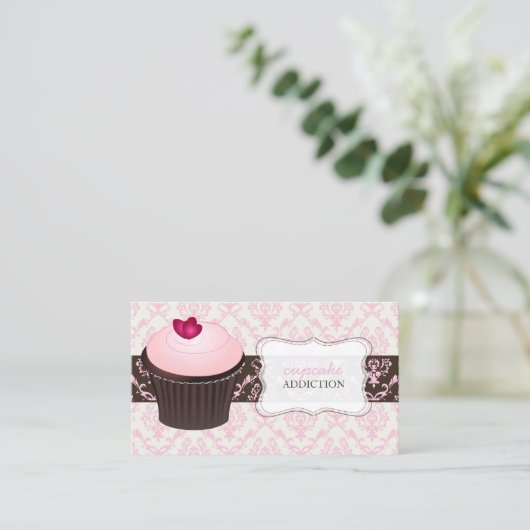 PixDezines roze hark cupcake+chantal damask Visitekaartje (Staand voorkant)