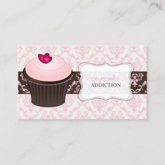 PixDezines roze hark cupcake+chantal damask Visitekaartje (Voorkant)