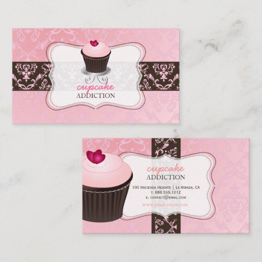 PixDezines roze hark cupcake+chantal damask Visitekaartje (Voorkant / Achterkant)