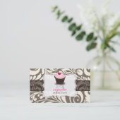PixDezines roze hart cupcake + damask Visitekaartje (Staand voorkant)