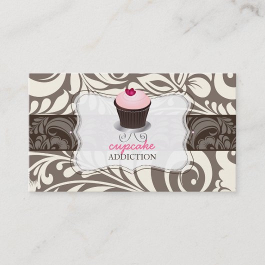 PixDezines roze hart cupcake + damask Visitekaartje (Voorkant)