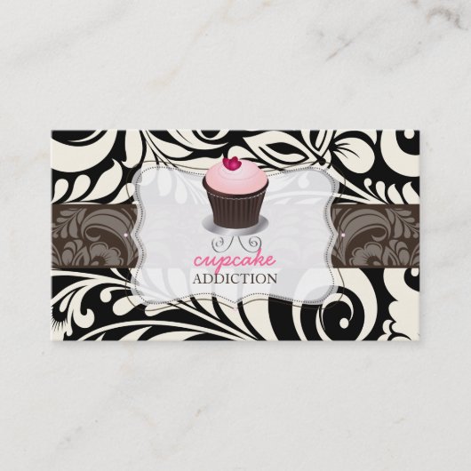 PixDezines roze hart cupcake + damask Visitekaartje (Voorkant)