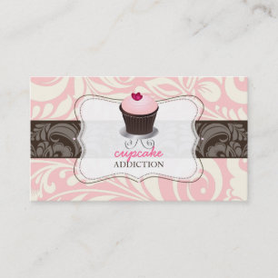 PixDezines roze hart cupcake + damask Visitekaartje
