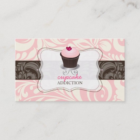 PixDezines roze hart cupcake + damask Visitekaartje (Voorkant)