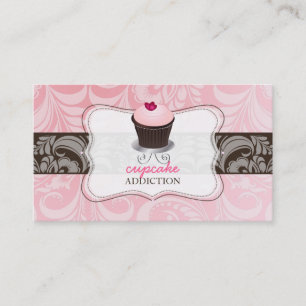 PixDezines roze hart cupcake + damask Visitekaartje