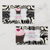 PixDezines roze hart cupcake+damast Visitekaartje (Voorkant / Achterkant)