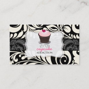 PixDezines roze hart cupcake+damast Visitekaartje