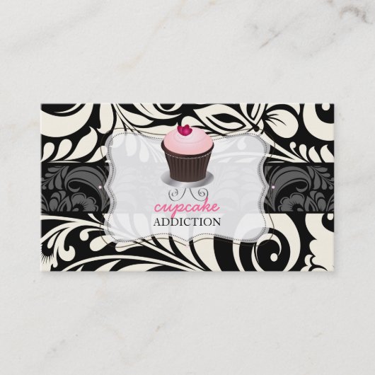 PixDezines roze hart cupcake+damast Visitekaartje (Voorkant)