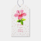 PixDezines Roze Hawaïaanse Hibiscus/Gouden Specks Cadeaulabel (Voorkant)