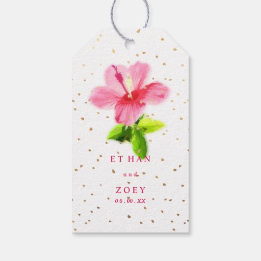PixDezines Roze Hawaïaanse Hibiscus/Gouden Specks Cadeaulabel (Achterkant)