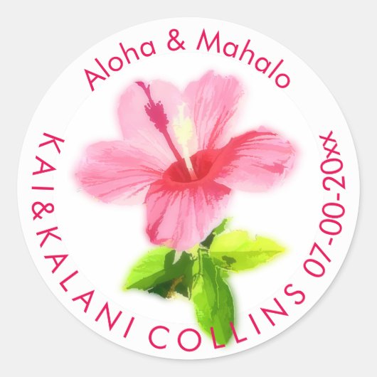 PixDezines Roze Hibiscus/Aloha/Mahalo/Dank u Ronde Sticker (Voorkant)
