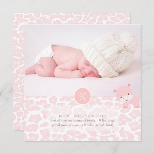 PixDezines roze hippo+leopard geboorteaankondiging Aankondiging (Voorkant / Achterkant)