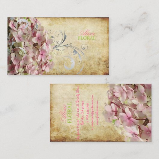 PixDezines  roze hydrangeas/bloemisten Visitekaartje (Voorkant / Achterkant)