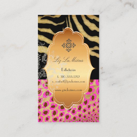 PixDezines  roze luipaard, zebra+goudlabel Visitekaartje (Achterkant)