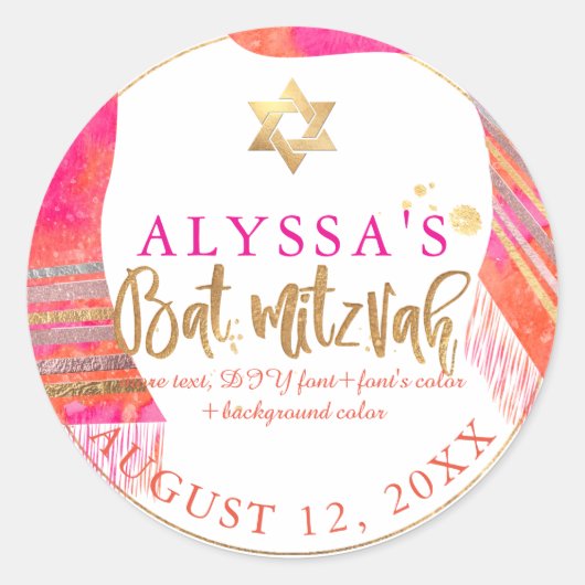 PixDezines Roze + Oranje Watercol Tallit Bat Mitzv Ronde Sticker (Voorkant)