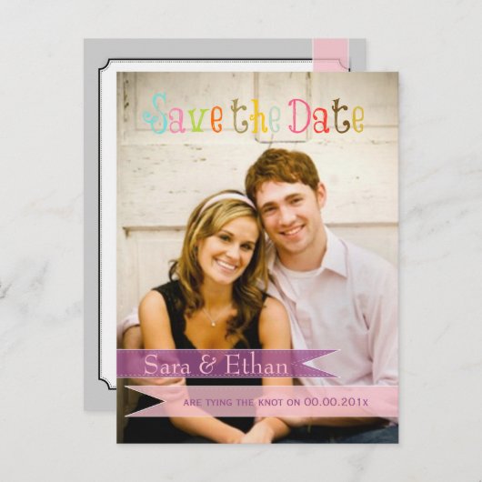 PixDezines roze+paarse save the date Aankondigingskaart (Voorkant / Achterkant)