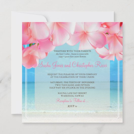 PixDezines roze plumeria+strand/tropisch paradijs Kaart (Achterkant)