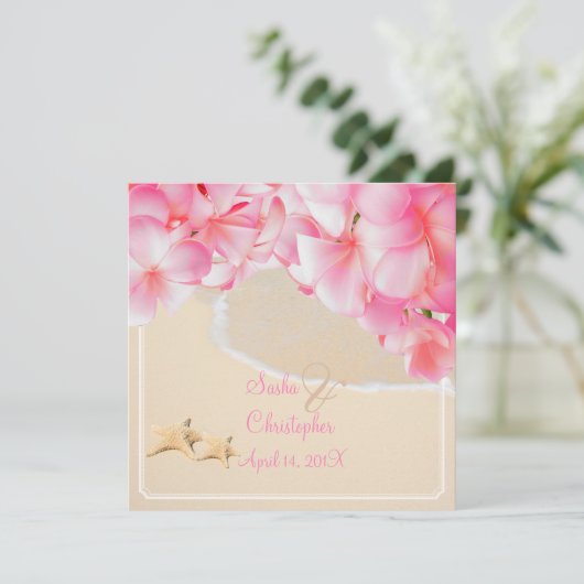 PixDezines roze plumeria+strand+zeester Kaart (Staand voorkant)
