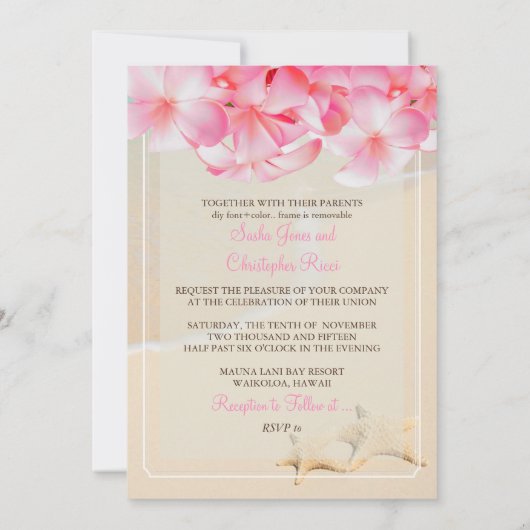 PixDezines roze plumeria+strand+zeester Kaart (Achterkant)