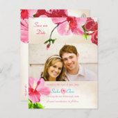 PixDezines roze/rode hibiscus/bewaar de datum Aankondigingskaart (Voorkant / Achterkant)