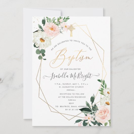 PixDezines Roze Roze Watercolor Bloemen Doop Kaart (Voorkant)