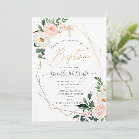 PixDezines Roze Roze Watercolor Bloemen Doop Kaart (Staand voorkant)