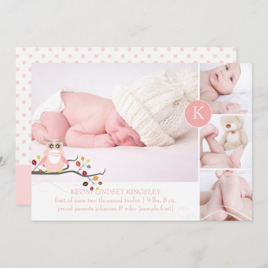 PixDezines roze uil/diy accent kleur Aankondiging (Voorkant / Achterkant)