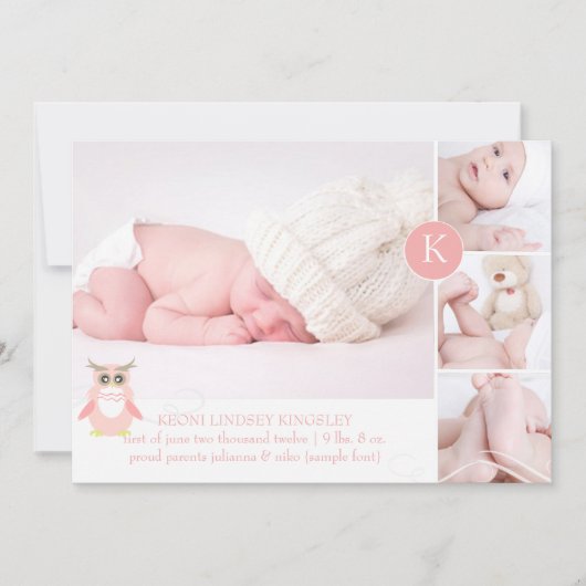 PixDezines roze uil/diy accent kleur Aankondiging (Voorkant)