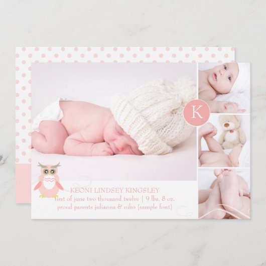 PixDezines roze uil/diy accent kleur Aankondiging (Voorkant / Achterkant)