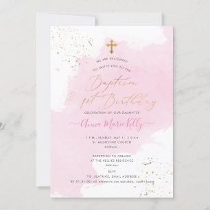 PixDezines Roze Waterverf Baptism+1st verjaardag Kaart