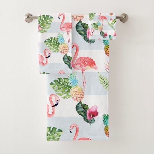 PixDezines Roze Waterverf Flamingo+Floral Bad Handdoek (Insitu)