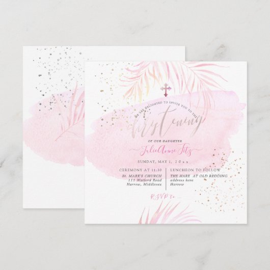 PixDezines Roze Waterverf Palms Christening Kaart (Voorkant / Achterkant)