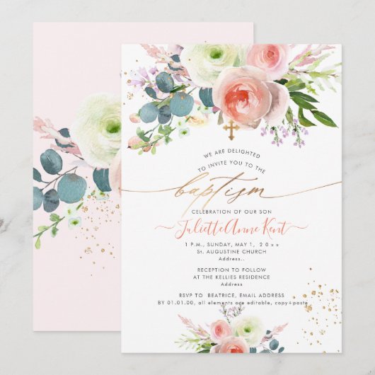 PixDezines Roze Waterverf Pioen Doop Kaart (Voorkant / Achterkant)