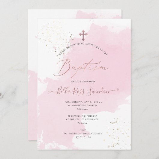 PixDezines Roze Waterverf staal Baptisme Kaart (Voorkant / Achterkant)