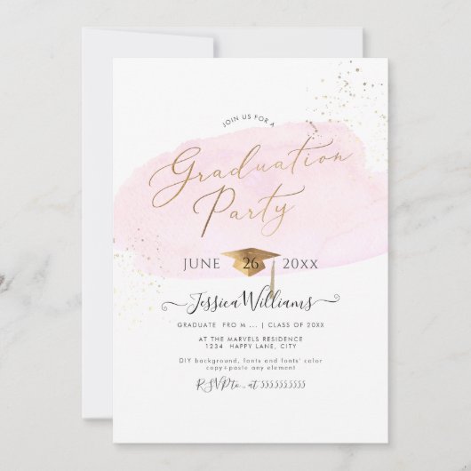 PixDezines Roze Waterverf Swatch Afstudeerfeest Kaart (Voorkant)