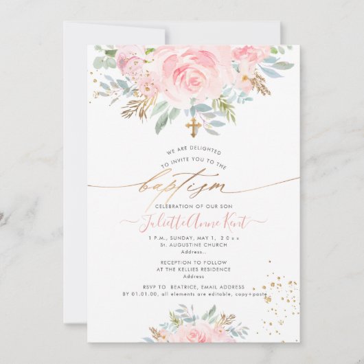PixDezines Roze Waterverfrozen Doop Kaart (Voorkant)