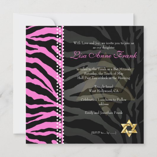 PixDezines Roze Zebra Bat Mitzvah / DIY kleur Kaart (Achterkant)