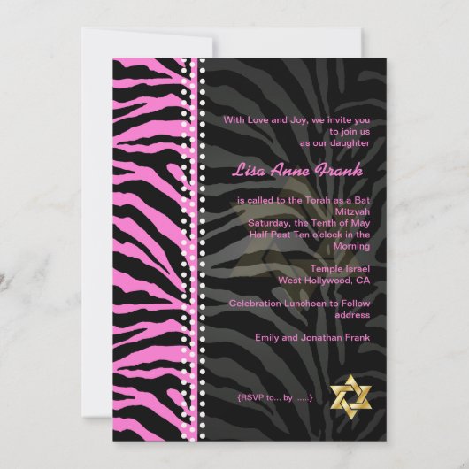 PixDezines Roze Zebra Bat Mitzvah / DIY kleur Kaart (Achterkant)