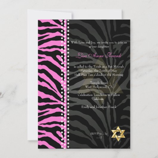 PixDezines Roze Zebra Bat Mitzvah / DIY kleur Kaart (Achterkant)