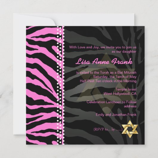 PixDezines Roze Zebra Bat Mitzvah / DIY kleur Kaart (Achterkant)
