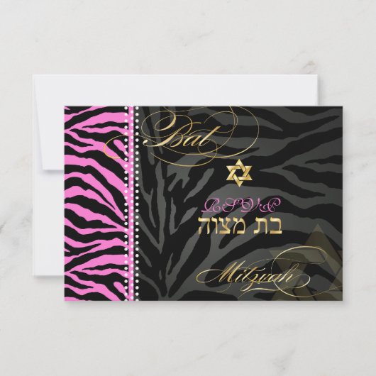PixDezines Roze Zebra Bat Mitzvah RSVP/ DIY kleur RSVP Kaartje (Voorkant)