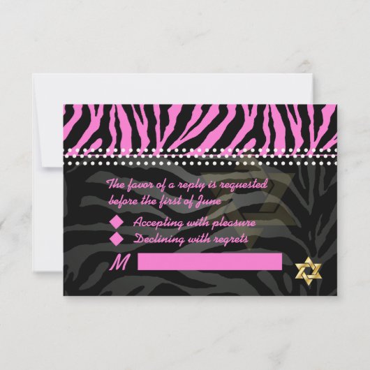 PixDezines Roze Zebra Bat Mitzvah RSVP/DIY kleur RSVP Kaartje (Achterkant)