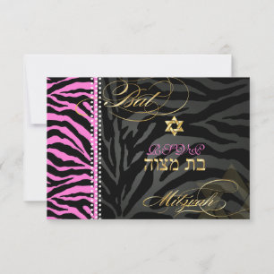 PixDezines  Roze zebra Bat Mitzvah-RSVP/ doe-het-z RSVP Kaartje